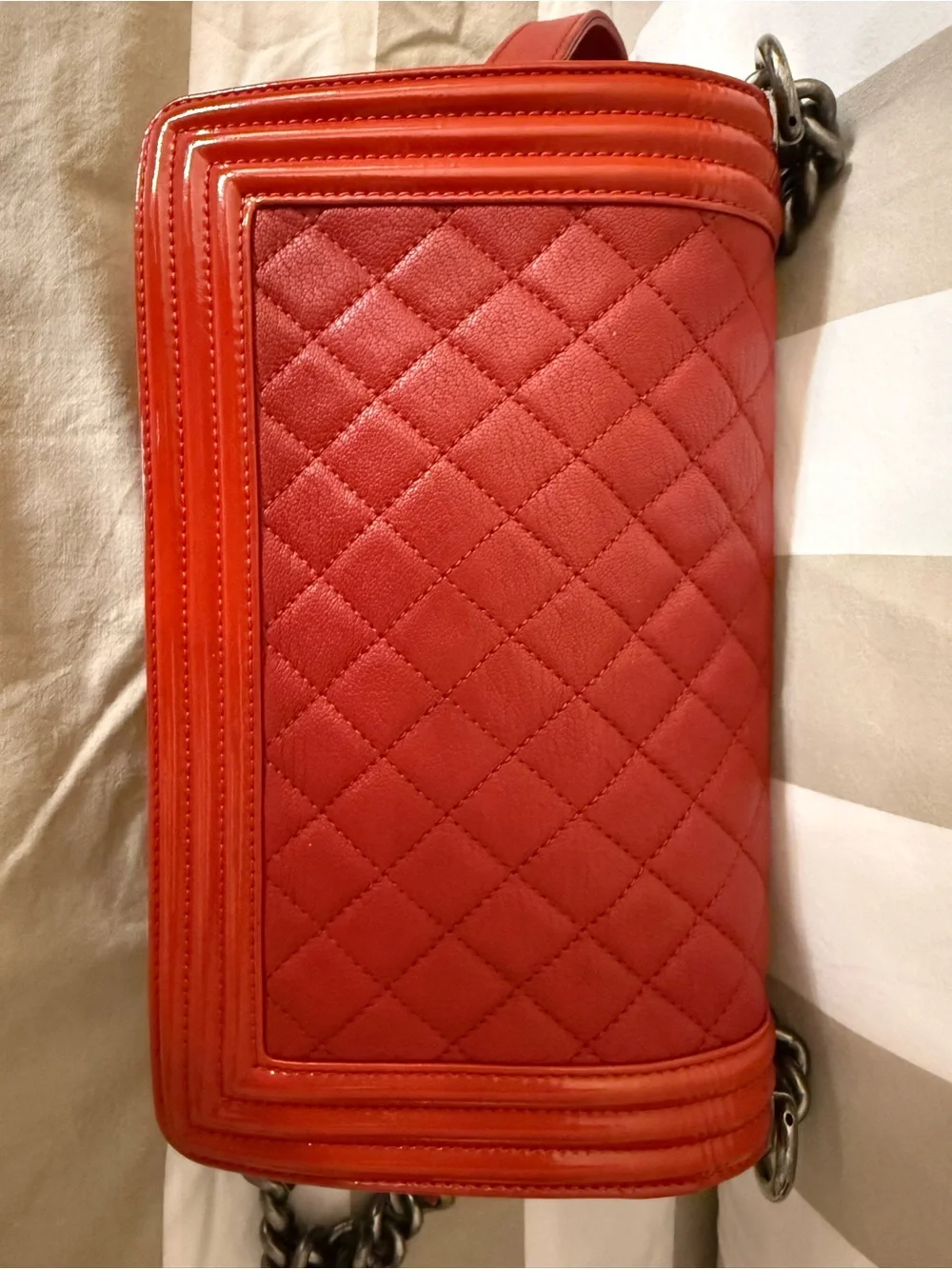 CHANEL Red Quilted Boy Bag with gray-Tone Hardware